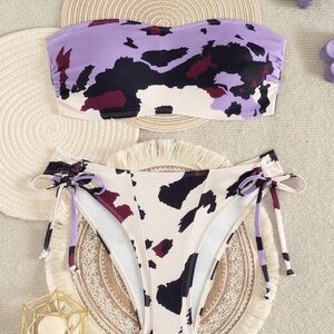 SHEIN Purple Black White Camouflage Bandeau Bikini Set